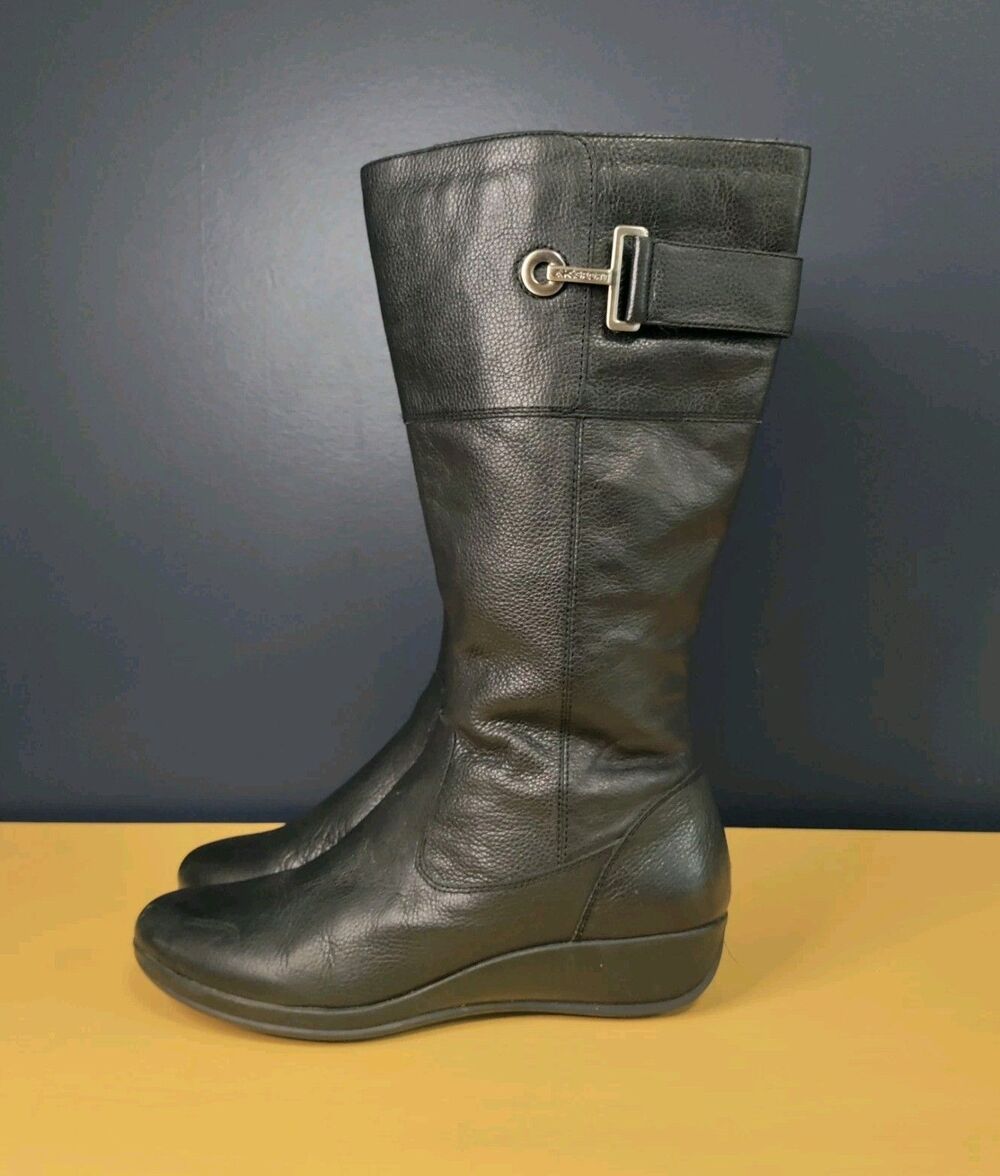 Anne Klein Leather Boots Women's 9M Knee High Wedge Double Zipper Silver Buckle